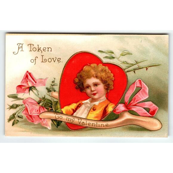 Ellen Clapsaddle Valentine Boy Curly Hair Roses A Token of Love Postcard 948 - Picture 1 of 2